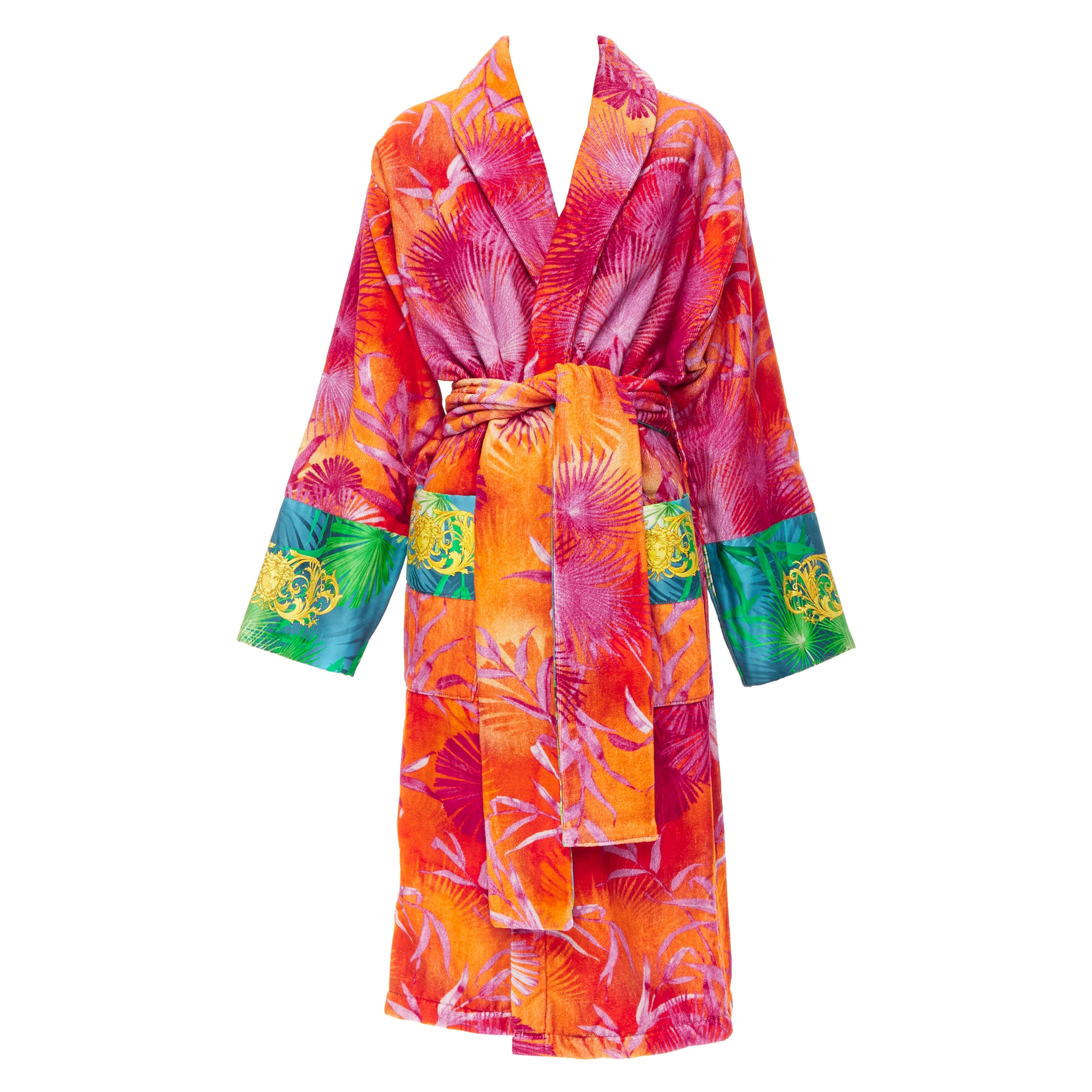 new VERSACE HOME Iconic pink Jungle print green Medusa Barocco trim robe M