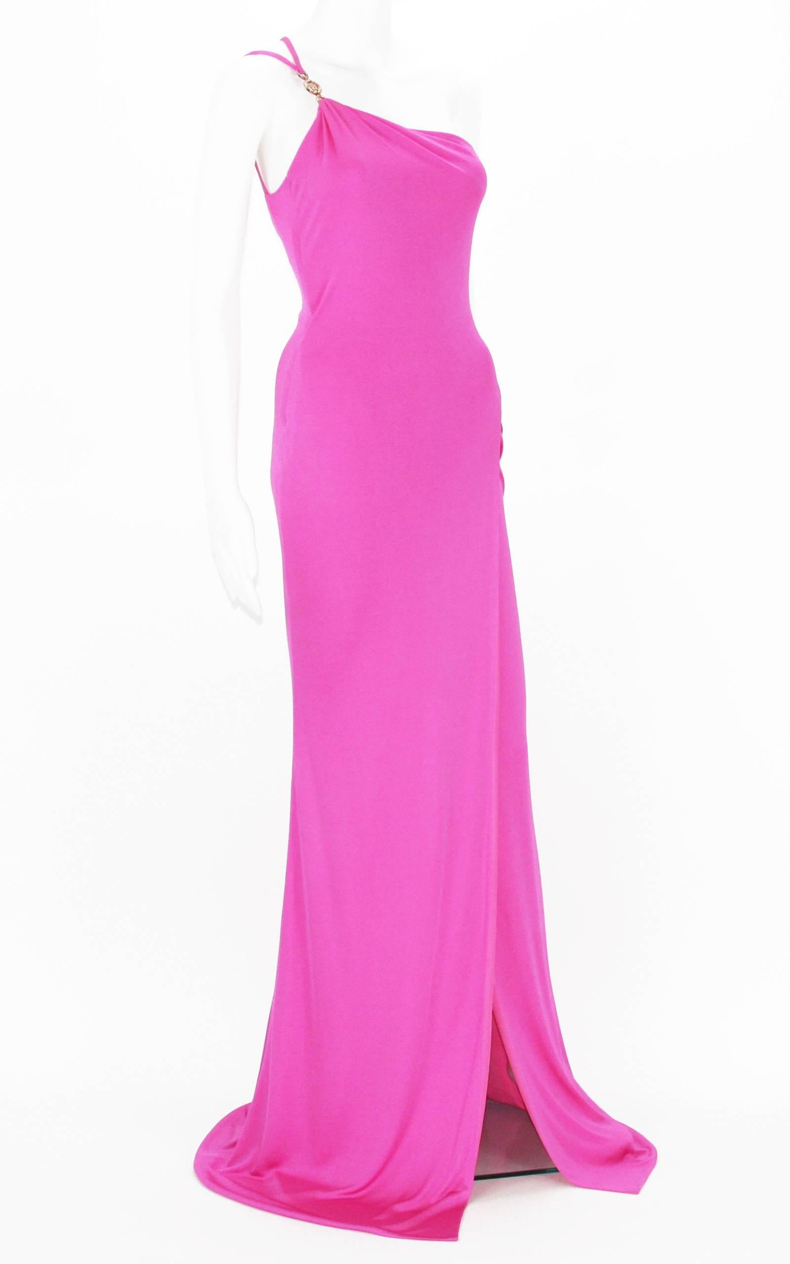 New Versace Hot Pink Jersey One Shoulder Long Dress 
Designer size 38
Gold tone Metal Medusa Logo with Swarovski Crystals
Side High Slit, Side Zip Closure, Double Layered, Stretch.
New with tag.

Listing code: 0417201854580222958