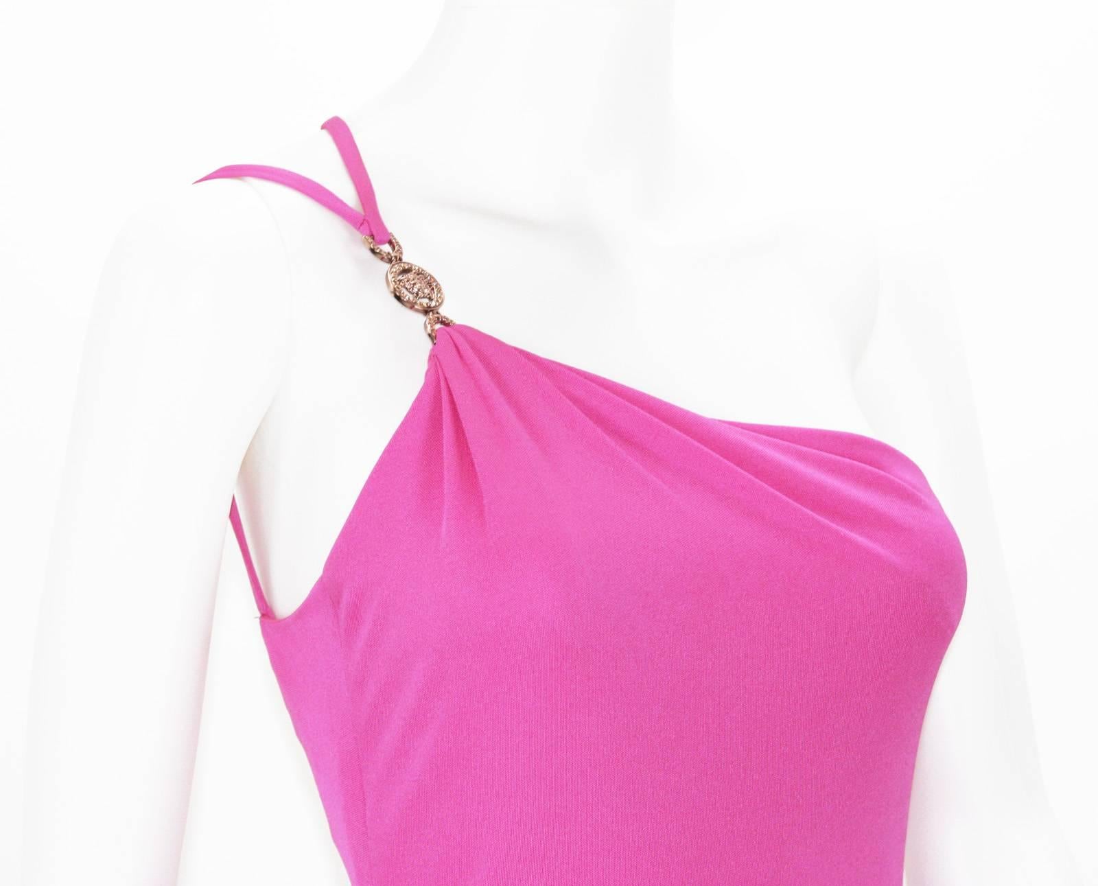 Women's New Versace Hot Pink Swarovski Crystals Medusa Jersey Long Dress 38