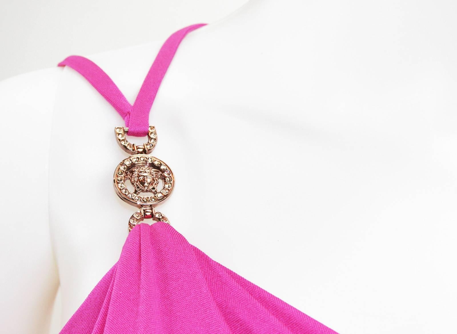 New Versace Hot Pink Swarovski Crystals Medusa Jersey Long Dress 38 1