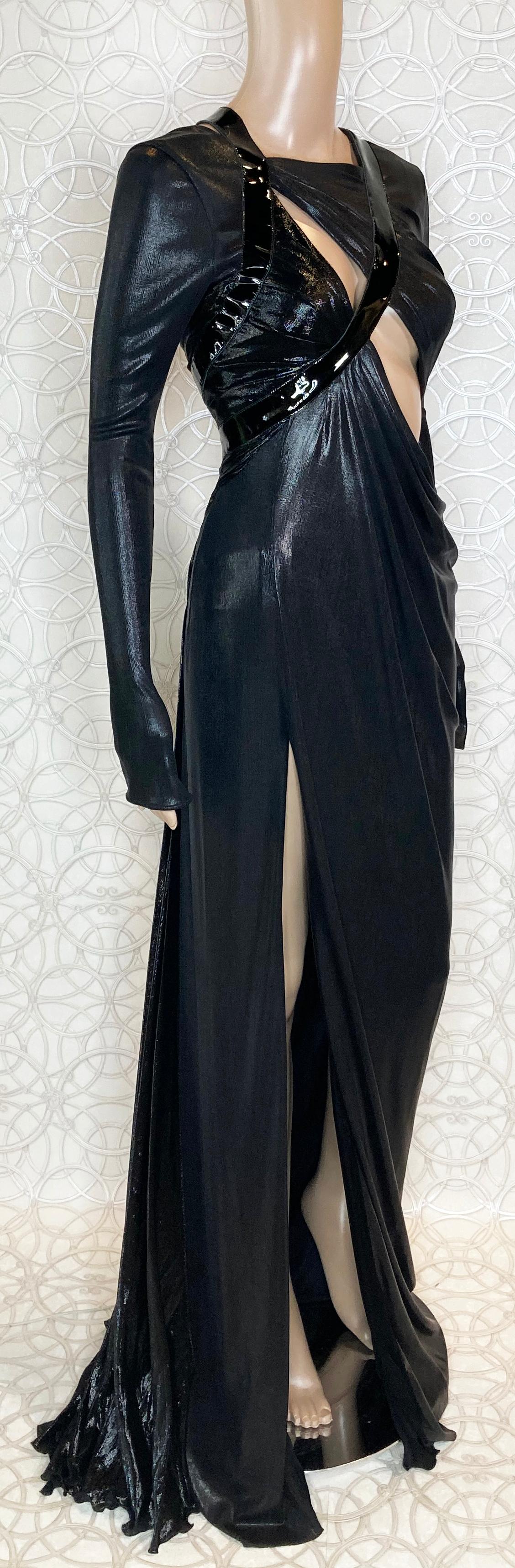 New VERSACE Hottest Black Liquid Jersey Gown With Vinyl Sleeves 8