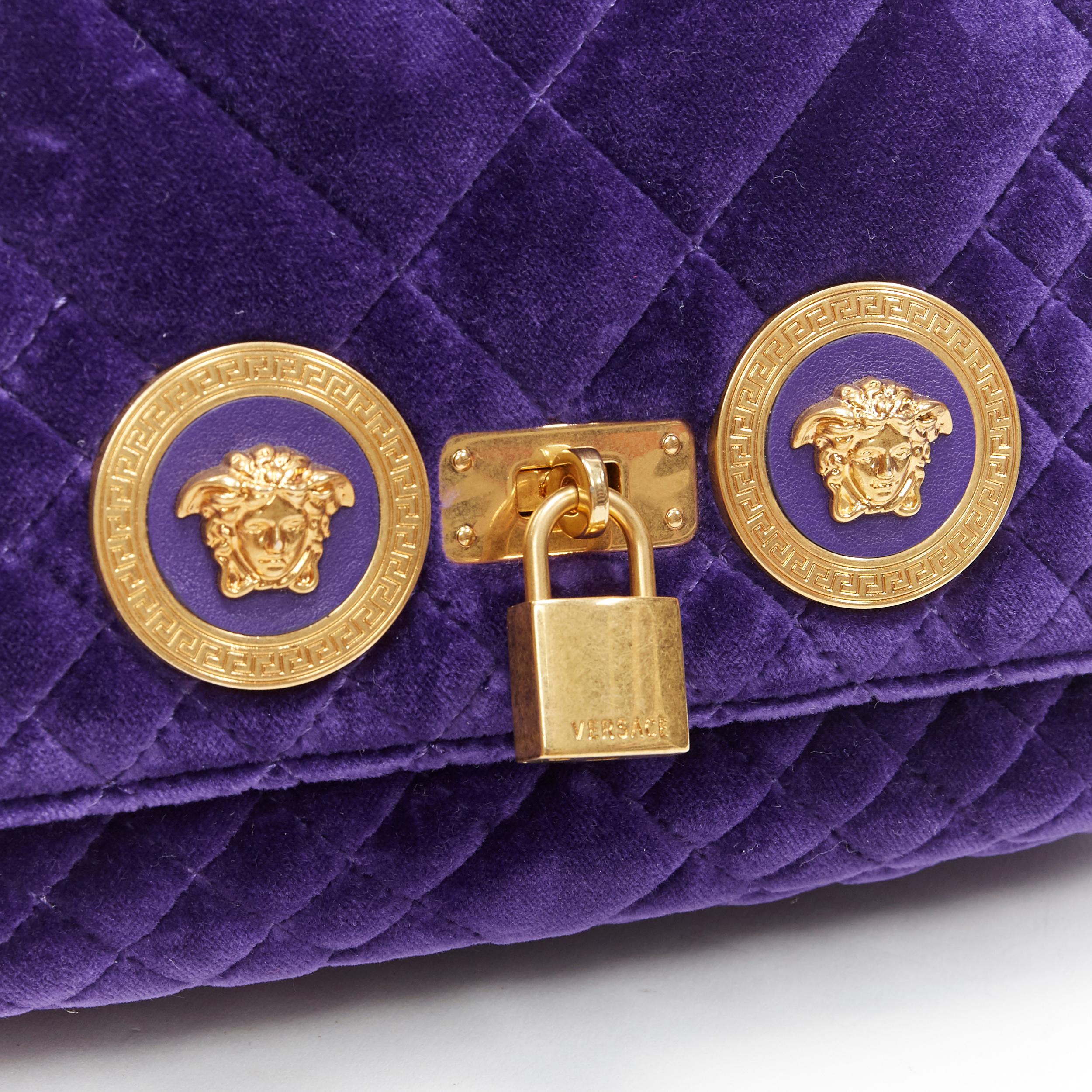 Women's new VERSACE Icon Medium purple quilted velvet dual Medusa gold chain flap bag