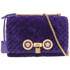 nouveau VERSACE Icon Medium violet matelassé velours double Medusa sac à rabat chaîne or