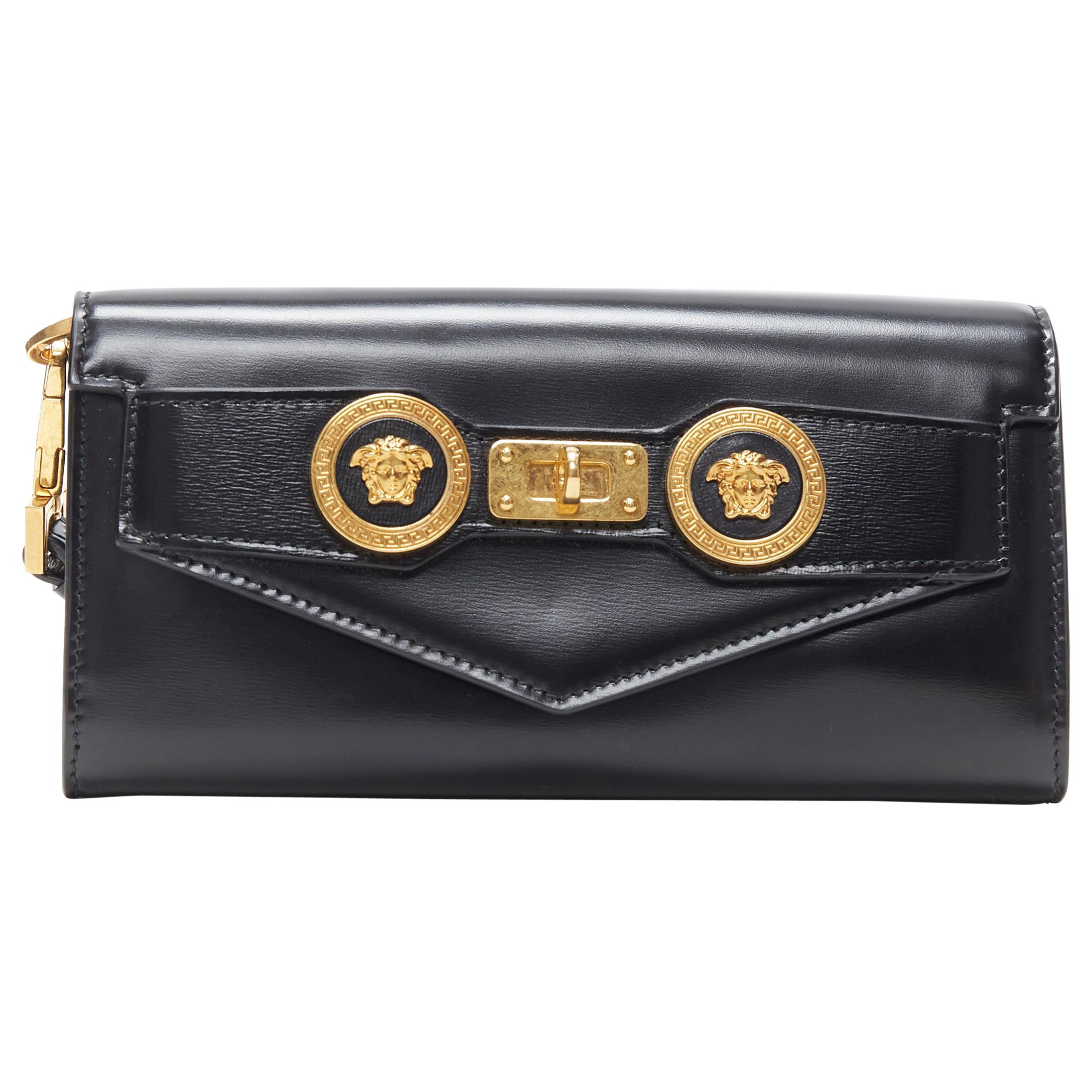 new VERSACE Icon Medusa black leather long continental wallet kelly clutch