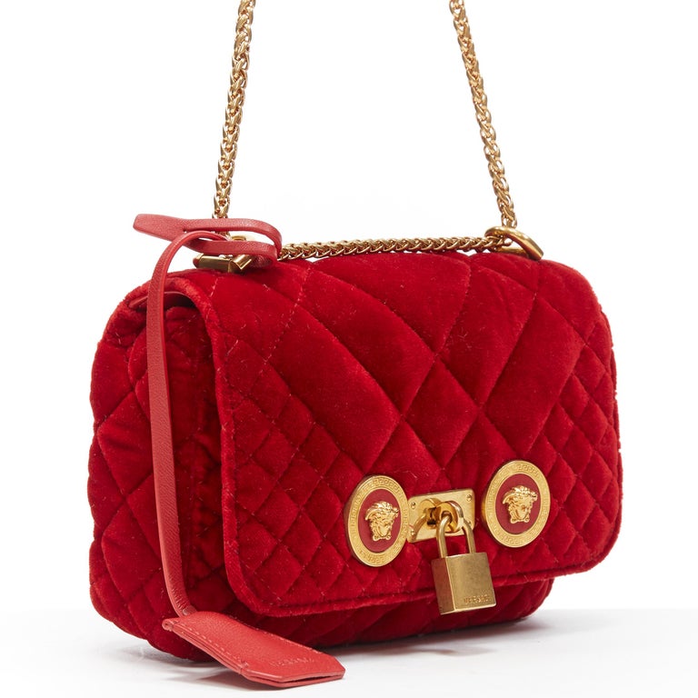 new VERSACE Icon Small red quilted velvet dual Medusa gold chain flap ...