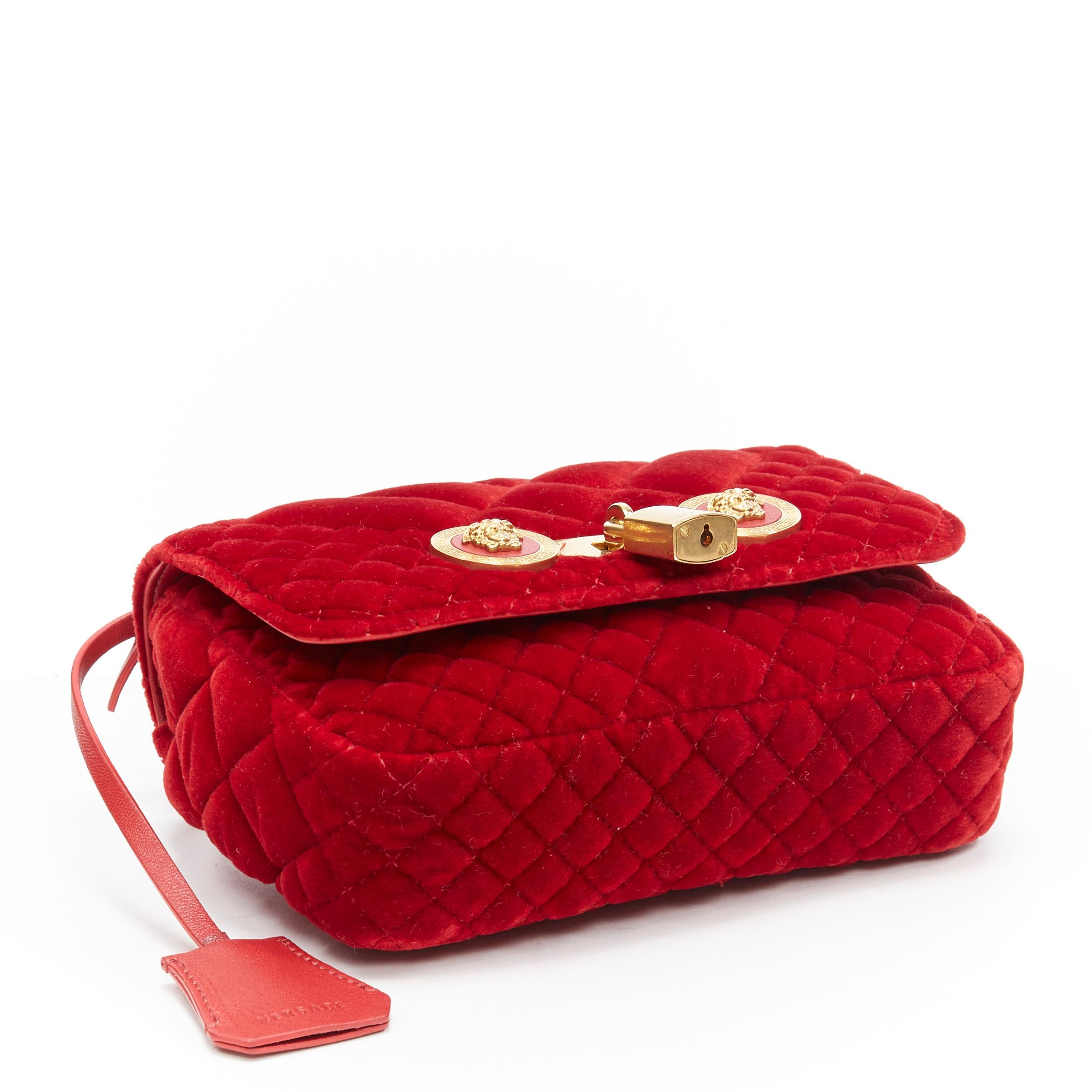 Red new VERSACE Icon Small red quilted velvet dual Medusa gold chain flap bag