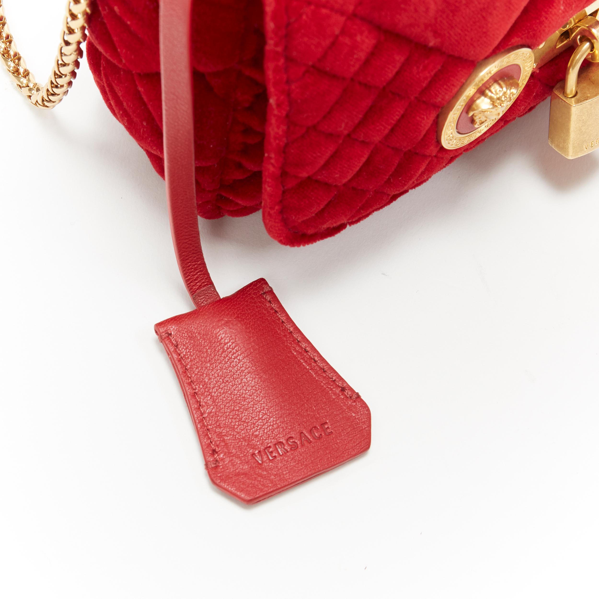 Women's new VERSACE Icon Small red quilted velvet dual Medusa gold chain flap bag