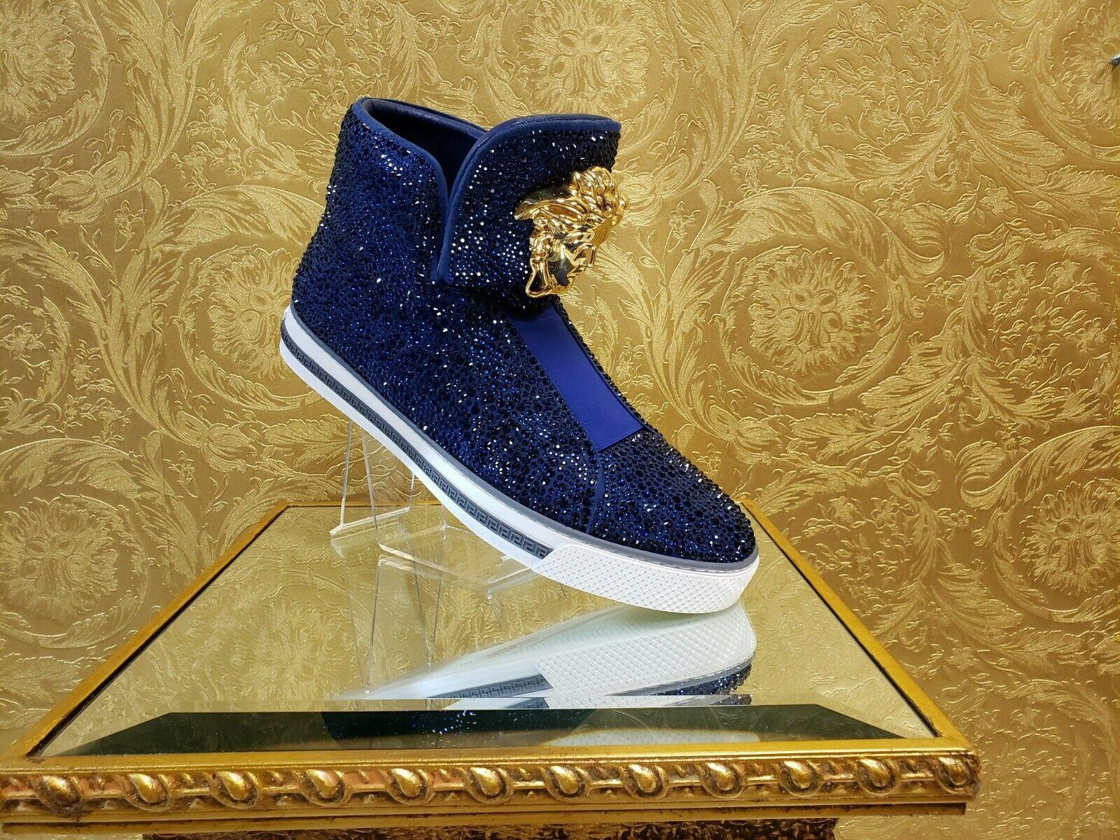 BRAND NEW 

VERSACE 

Men's Idol sneakers 

Sparkling Swarovski Blue Crystals lend a striking, prismatic finish to these glamorous Versace high-tops. 

A signature gold-tone Medusa punctuates the padded tongue. 

Pull-on construction. 

Rubber