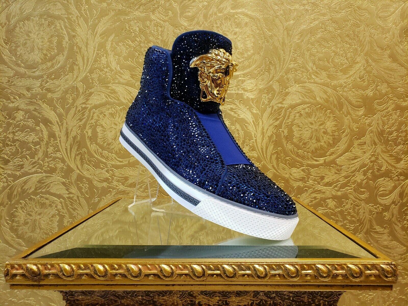 Black New Versace Idol Palazzo High -Top Blue Crystal Embellished Sneakers 