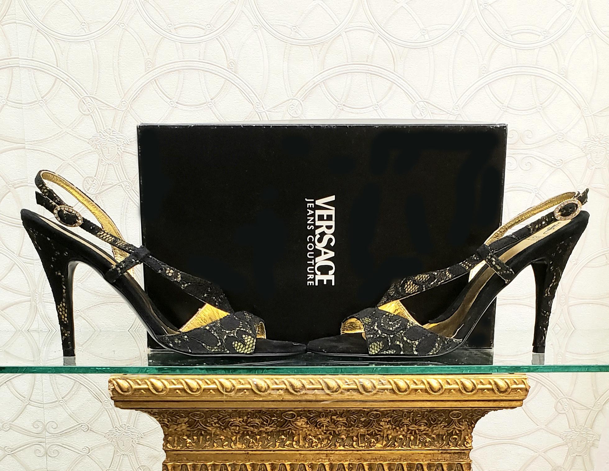 VERSACE 
Jeans Couture Collection 
Singback sandals
Color: Black and Gold
Satin and Lace
Rhinestone buckle
4.25