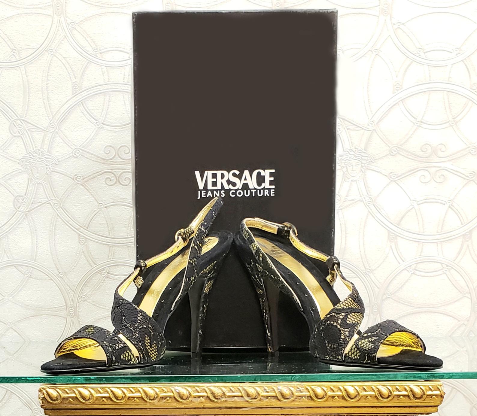 Sandales à talons en dentelle noire VERSACE JEANS COUTURE 38 - 8, neuves en vente 1