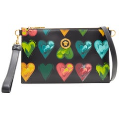 new VERSACE Jim Dine heart print blac kleather Medusa zip clutch crossbody bag