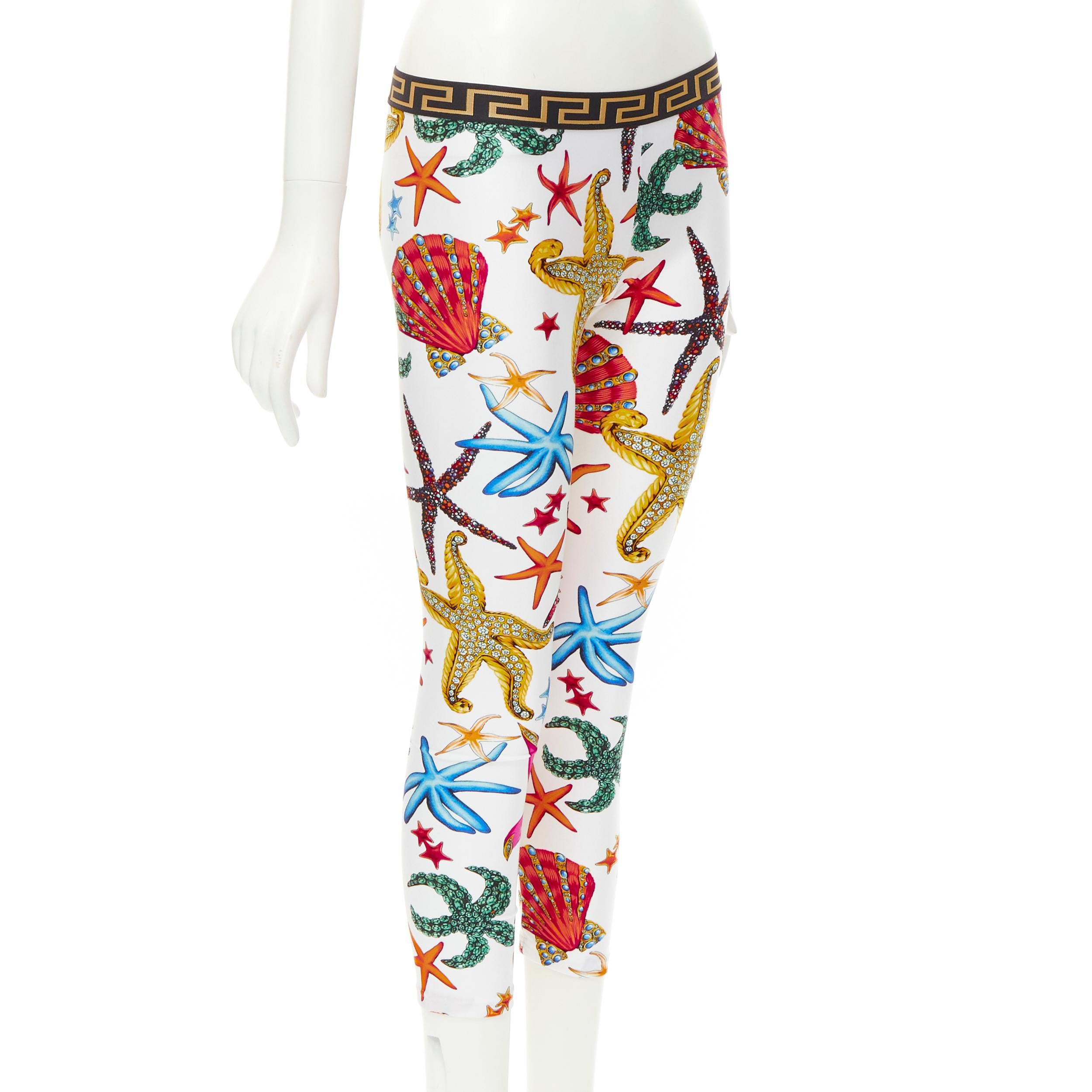 Beige new VERSACE Kids Tresor De La Mer print Greca leggings 12A XS