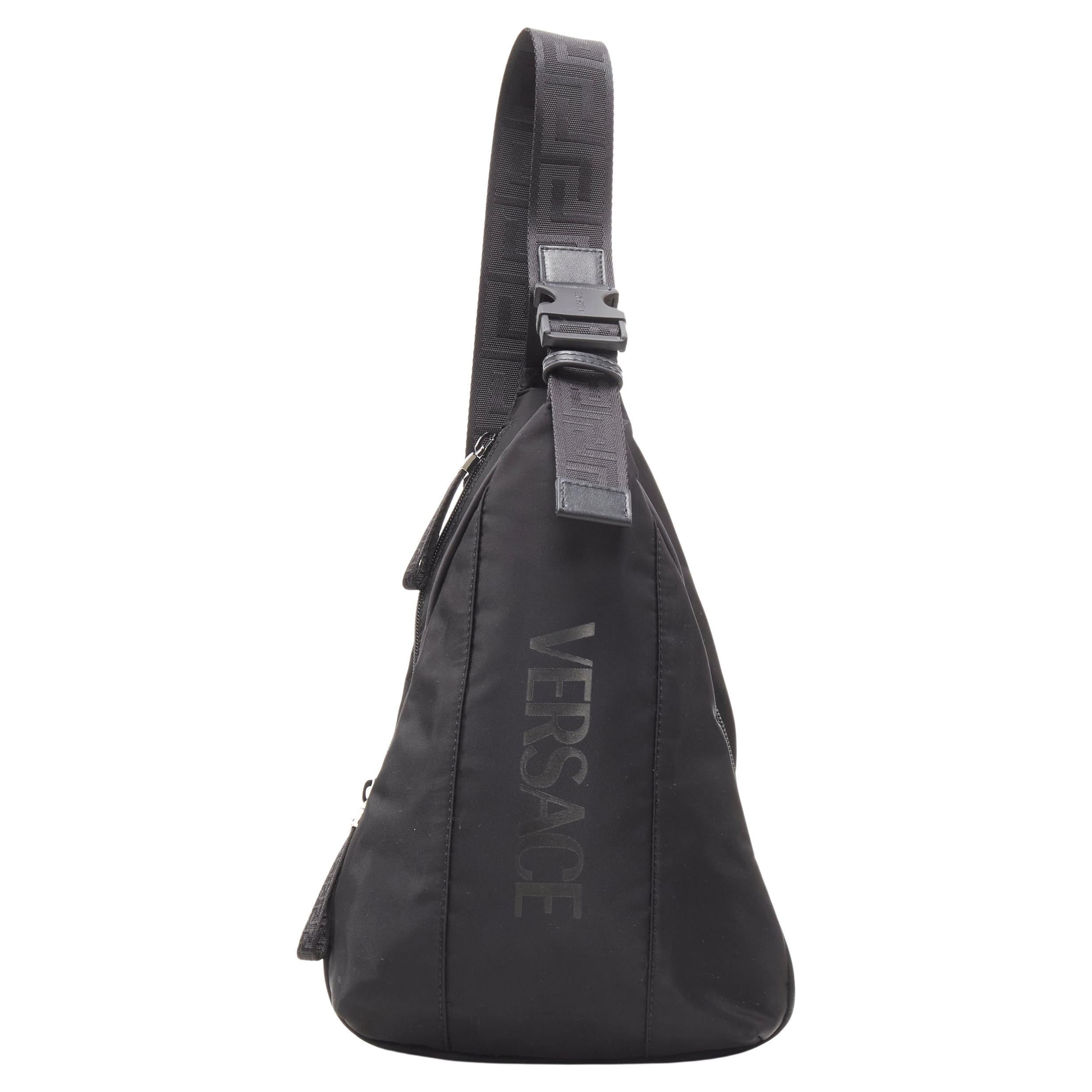new VERSACE La Greca Vintage 90s Logo black nylon small sling backpack bag  at 1stDibs