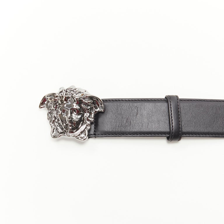 NEW Versace Men's Black Leather Silver Greek Key Buckle Belt 115 46