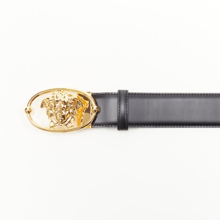 new VERSACE La Medusa Insignia gold oval 3D buckle black leather belt ...