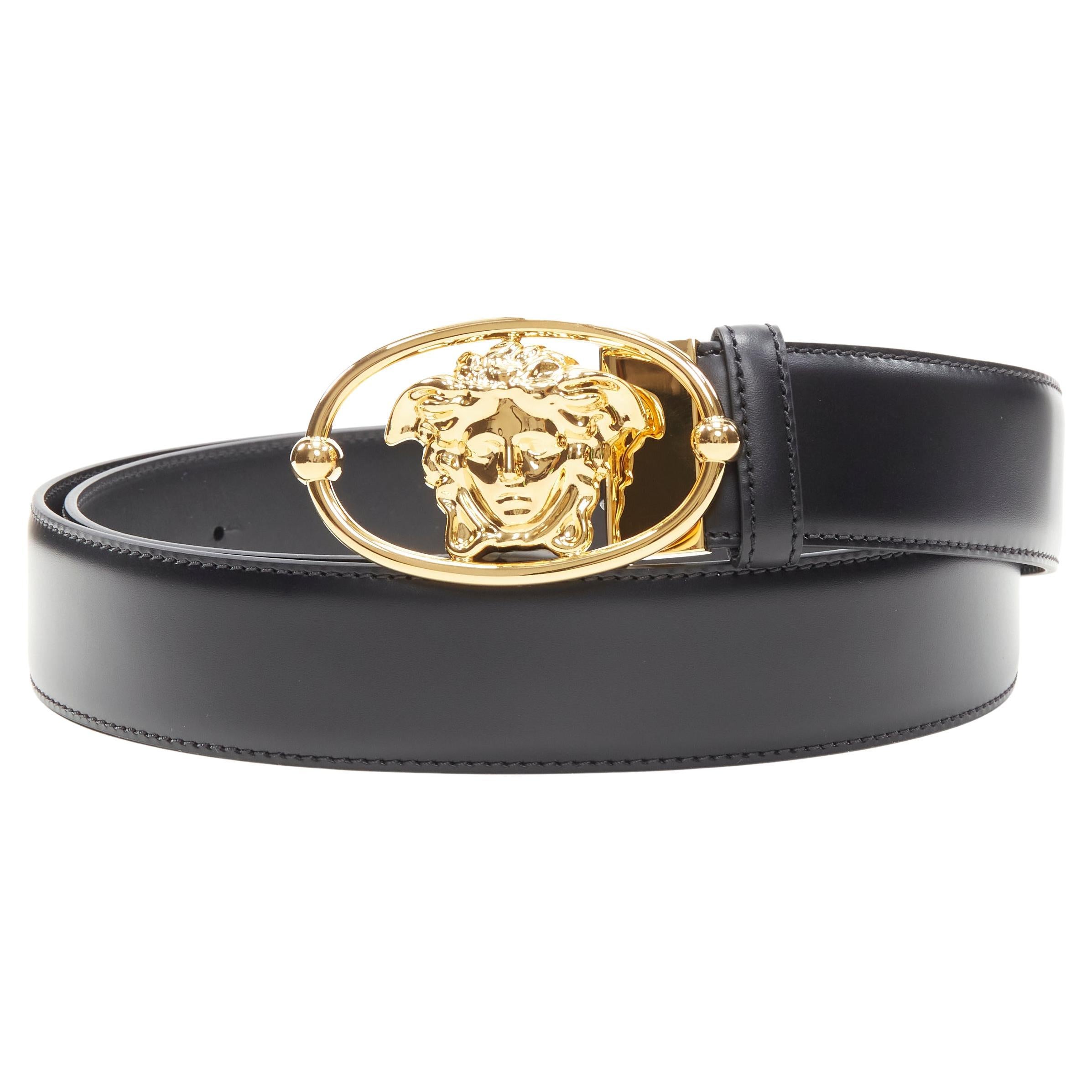 new VERSACE La Medusa Insignia gold oval 3D buckle black leather belt 105cm 42" en vente