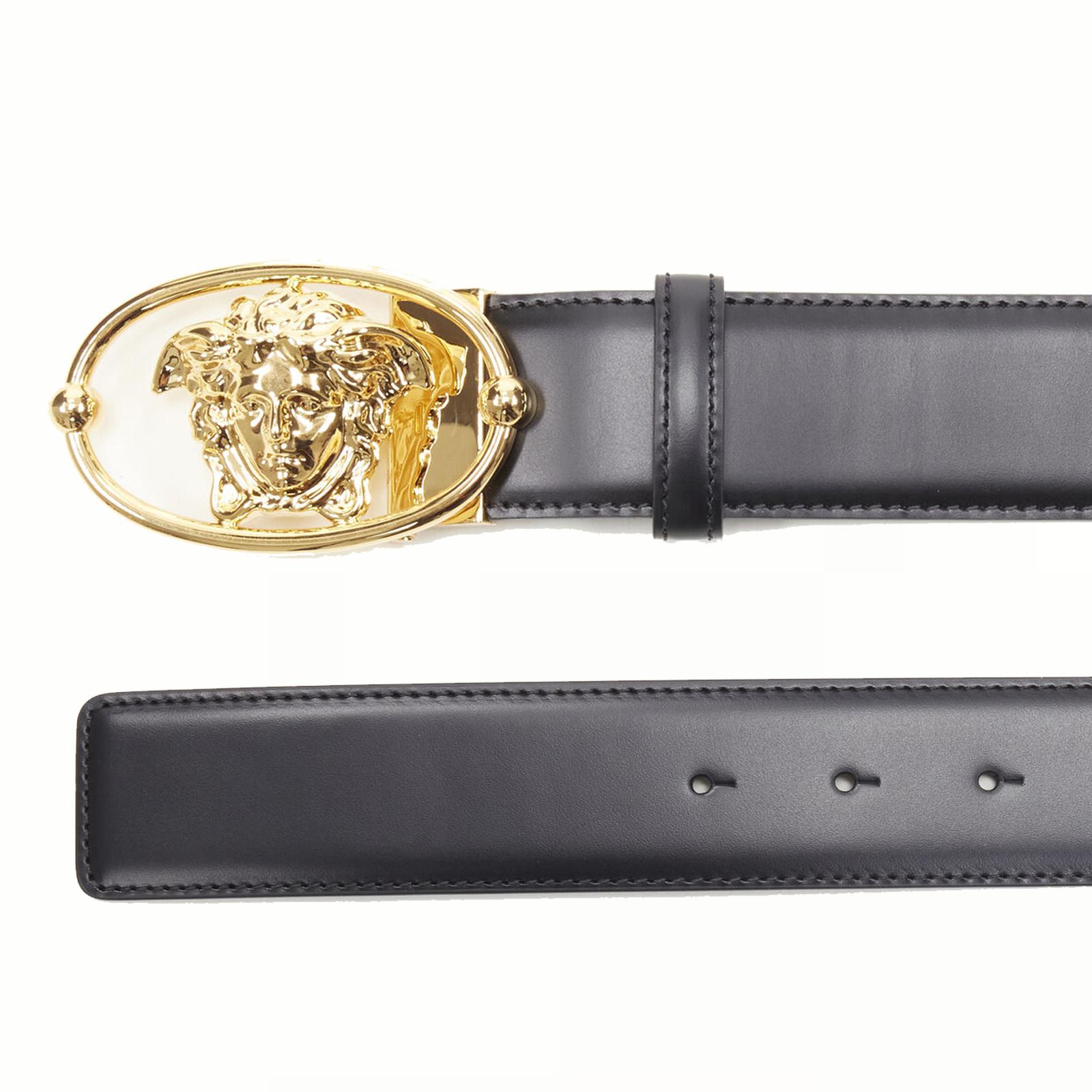 new VERSACE La Medusa Insignia gold oval 3D buckle black leather belt 110cm 44