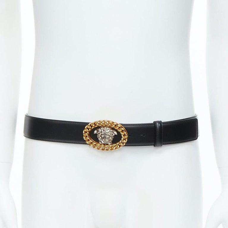 New Versace La Medusa Insignia Silver Gold Chain Buckle Black Belt 115cm 46