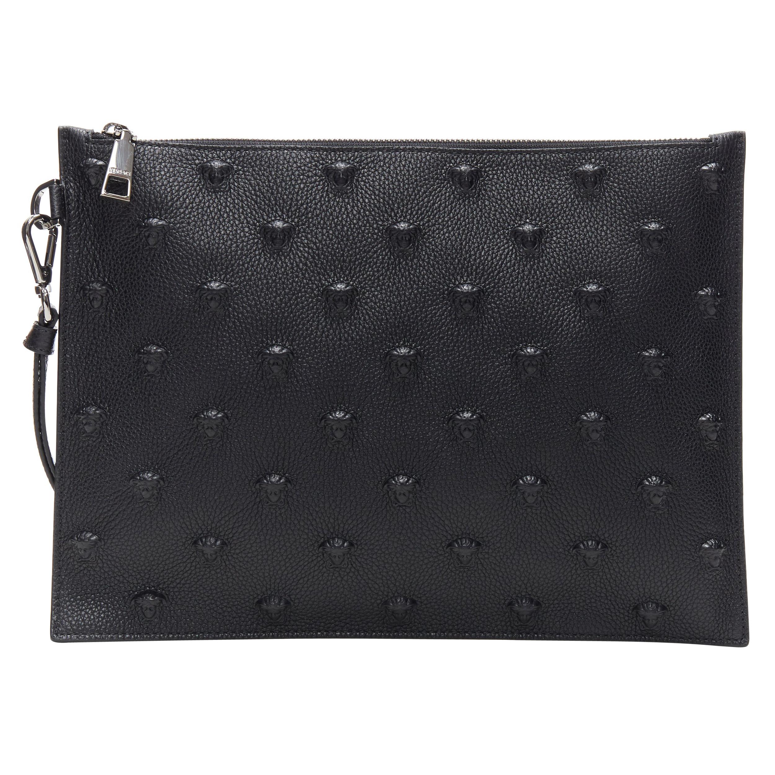 new VERSACE large black pebble leather Medusa studded wristlet pouch clutch bag
