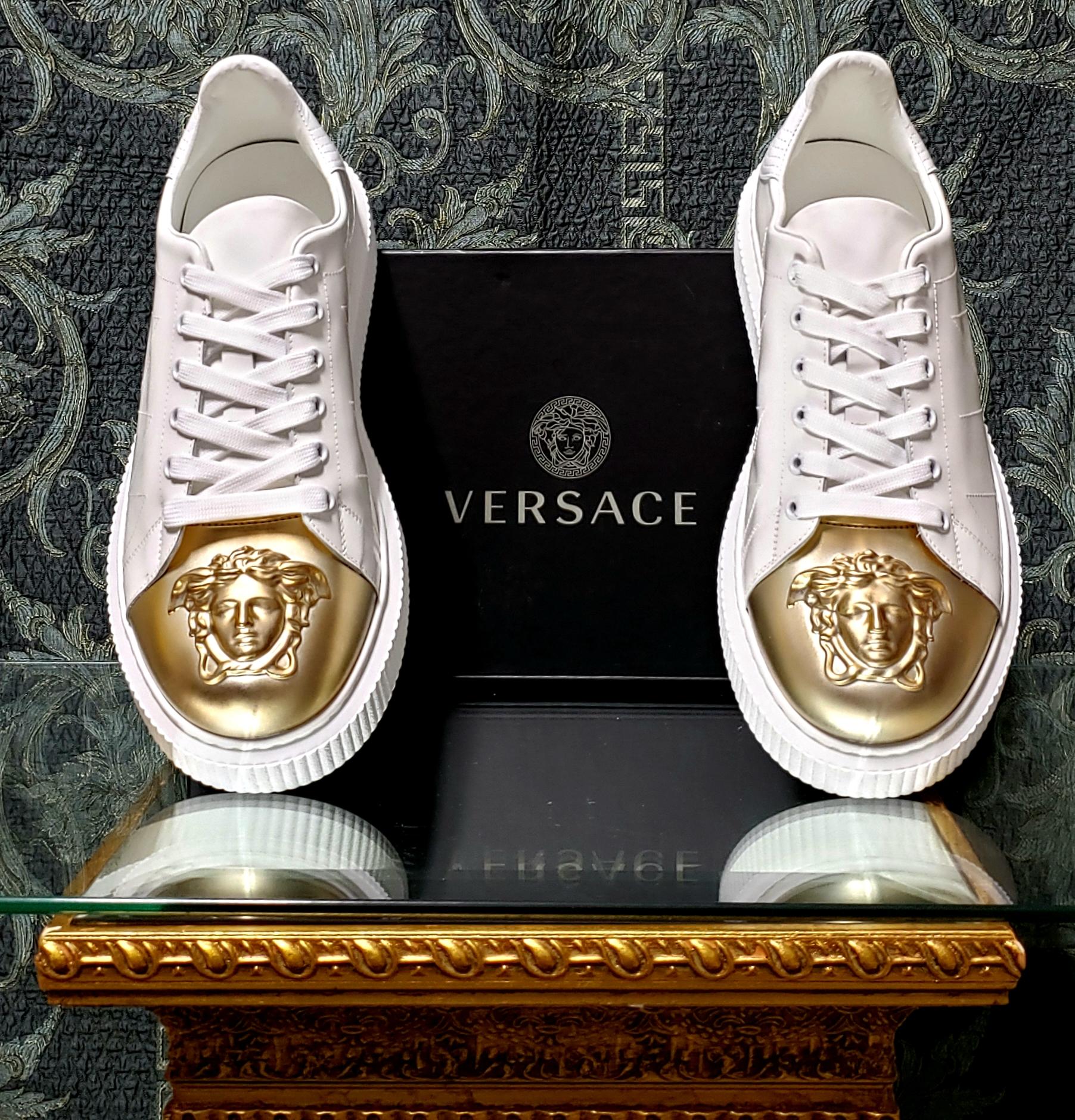 Gray New VERSACE LEATHER SNEAKERS WHITE GOLD MEDUSA TOE 41 For Sale