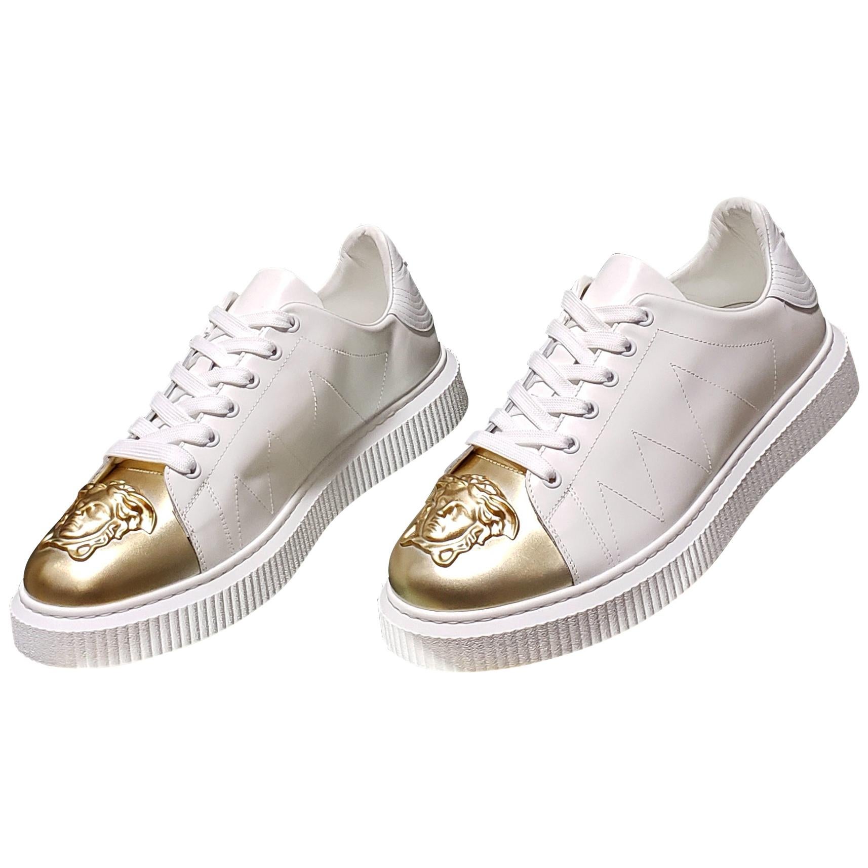 New VERSACE LEATHER SNEAKERS WHITE GOLD 