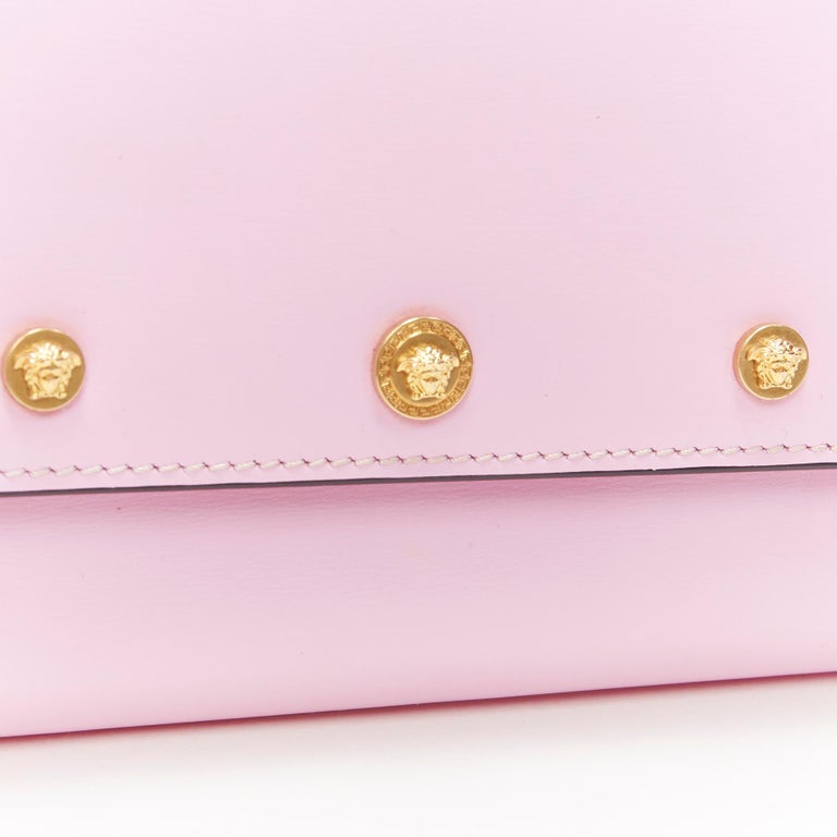 new VERSACE light pink gold Medusa stud flap wallet on chain WOC clutch ...
