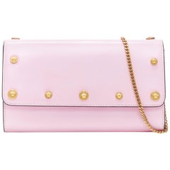 new VERSACE light pink gold Medusa stud flap wallet on chain WOC clutch bag