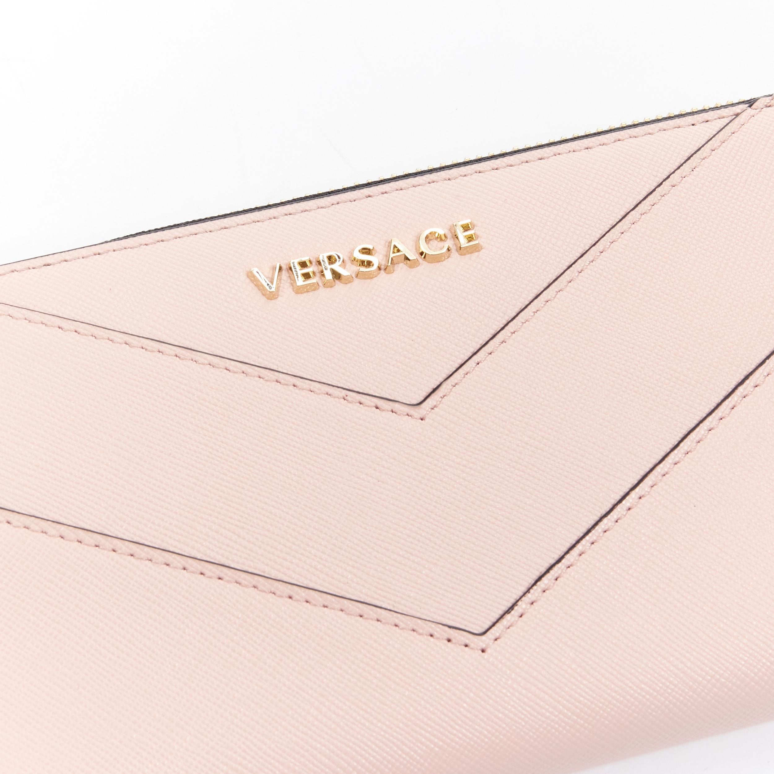 White new VERSACE light pink saffiano leather gold logo V stitch continental wallet For Sale