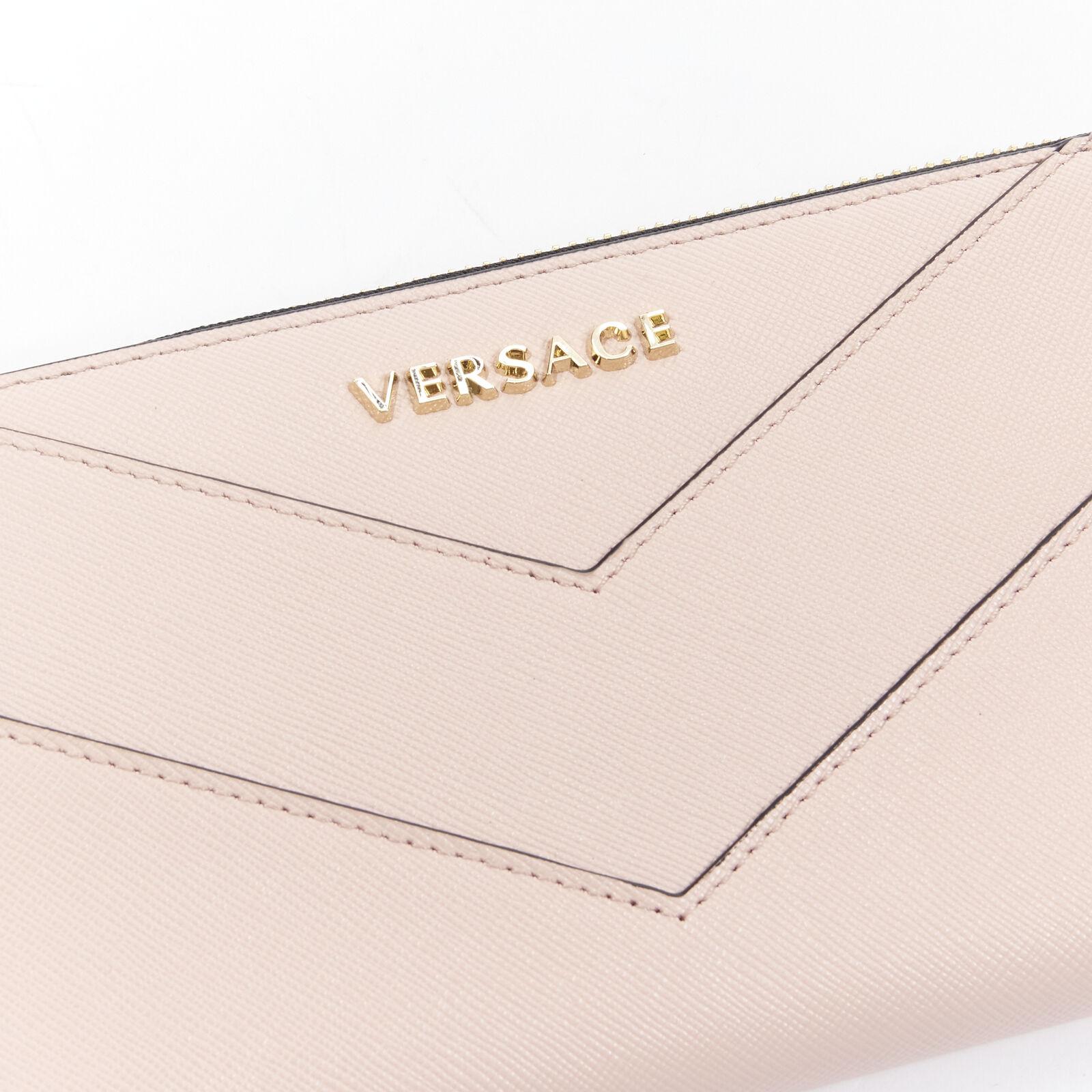 White new VERSACE light pink saffiano leather gold logo V stitch continental wallet