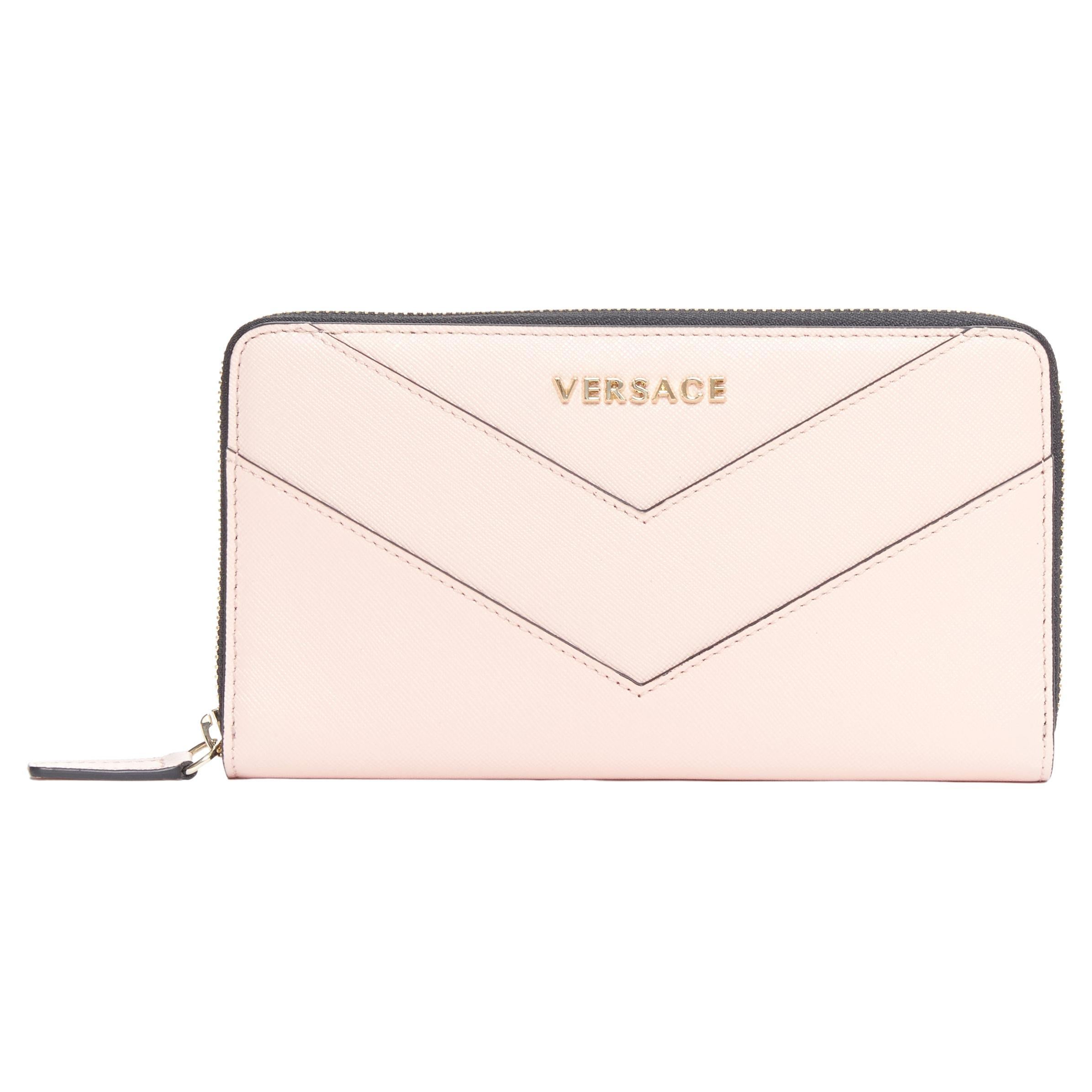 new VERSACE light pink saffiano leather gold logo V stitch continental wallet For Sale
