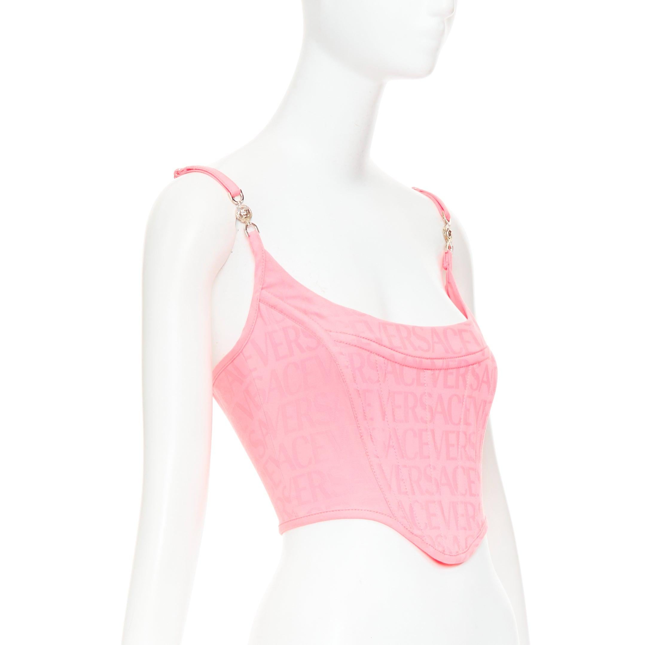 Rosa new VERSACE Monogram '95 Pastel disossato con fibbia argento crop top IT36 XXS in vendita