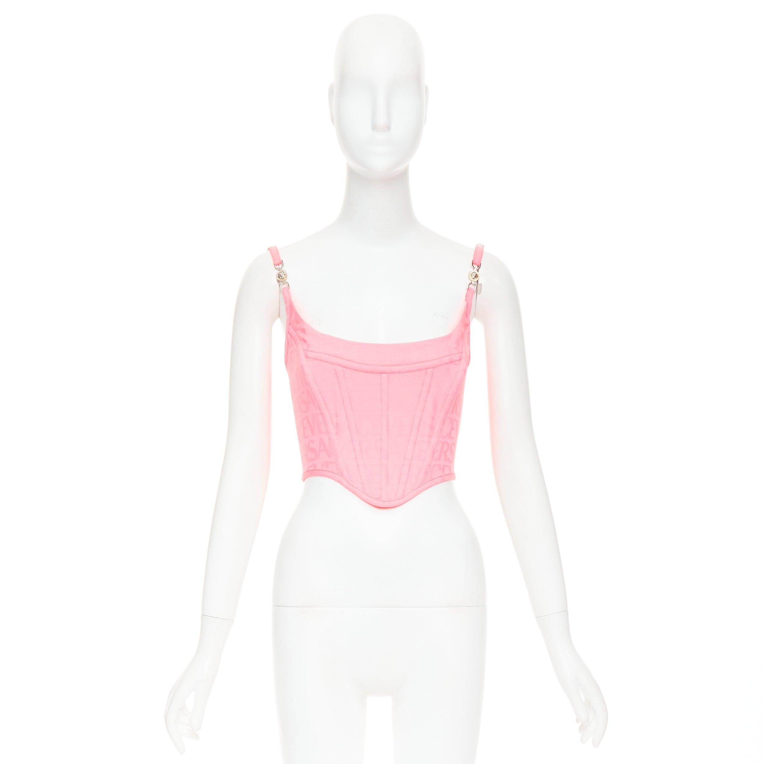 new VERSACE Monogram '95 Pastel disossato con fibbia argento crop top IT36 XXS in vendita 4