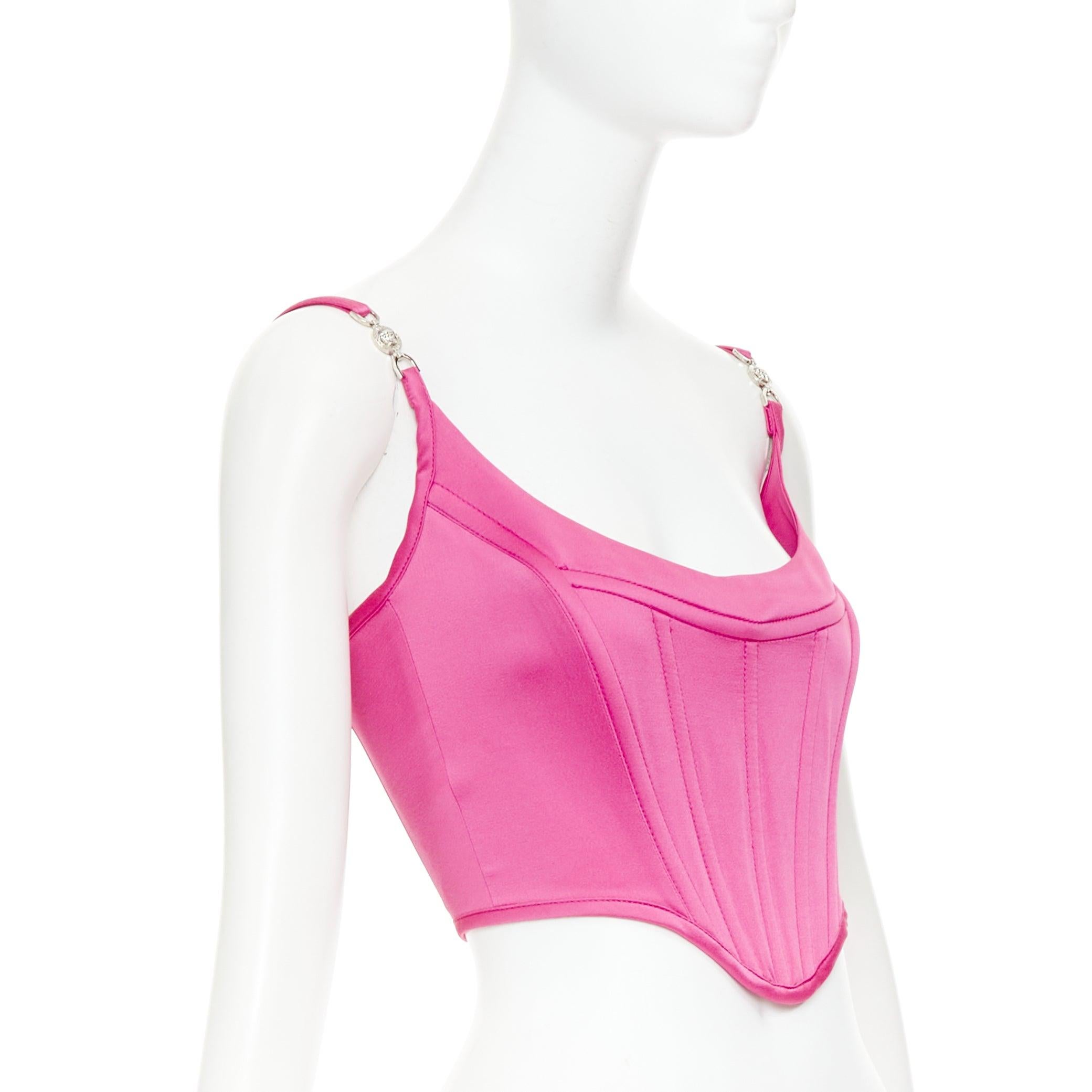 Rose new VERSACE Medusa '95 Satin Waterlilly fuschia crop top à boucle désossée IT38 XS en vente