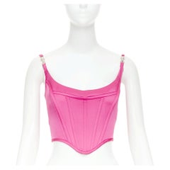 Nuevo top corto VERSACE Medusa 95, de satén con estampado de nenúfares, color fucsia, con varillas y hebilla plateada, talla IT38