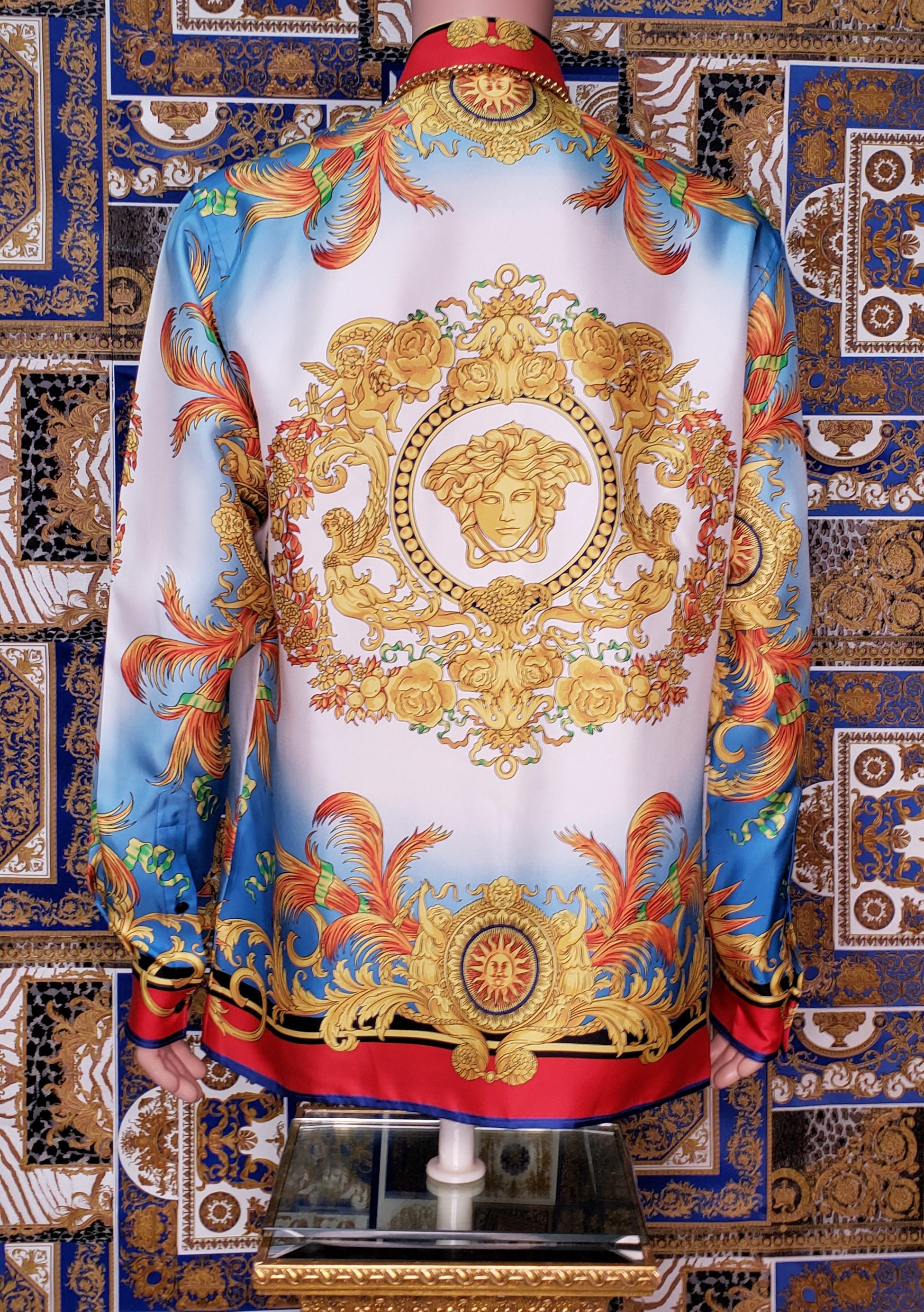 Brown NEW VERSACE MEDUSA BAROQUE PRINTED 100% SILK GOLD/BLUE/RED/WHITE SHIRT It 50 - L