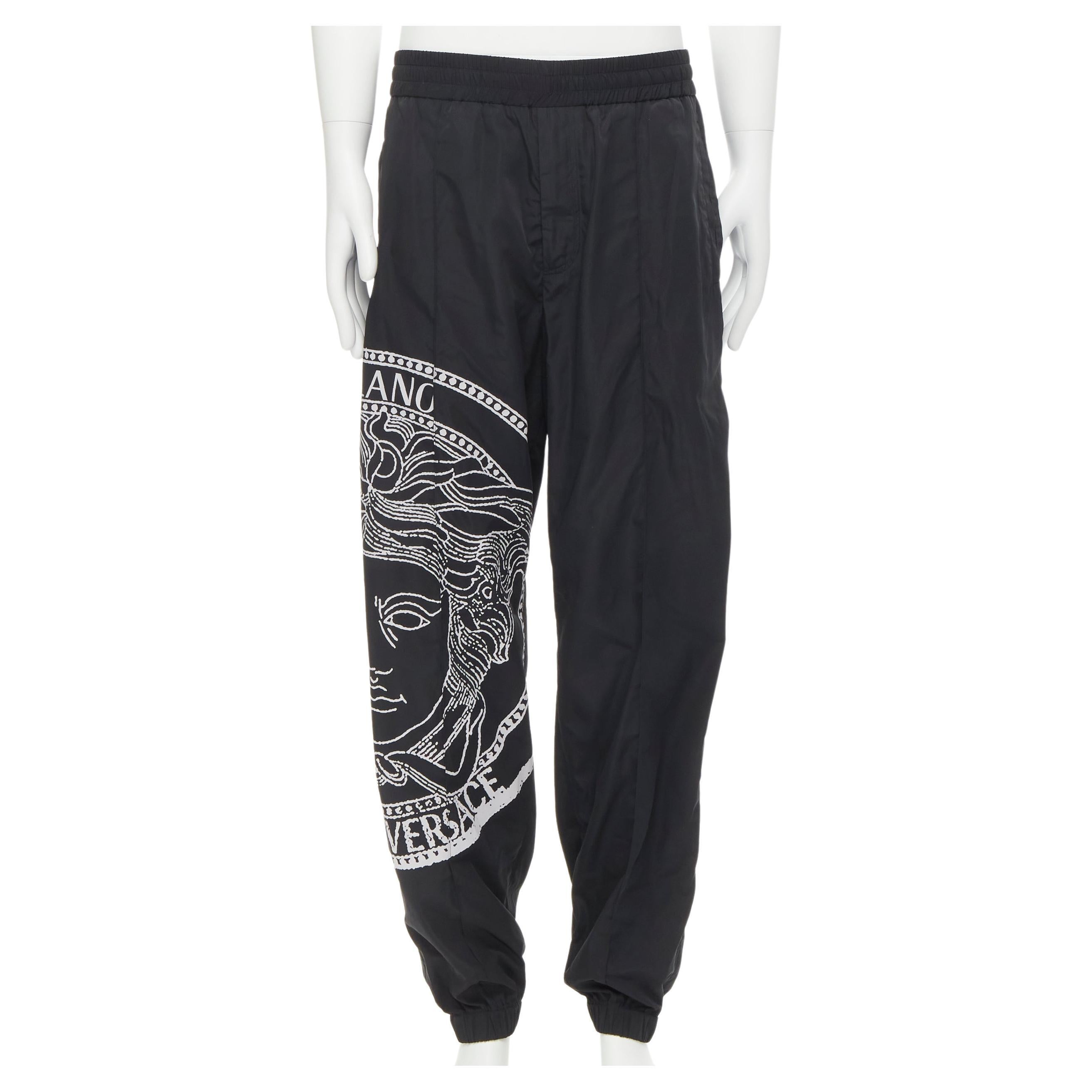 new VERSACE Medusa Big Logo print black nylon Y2K track pants IT54 XXL For Sale