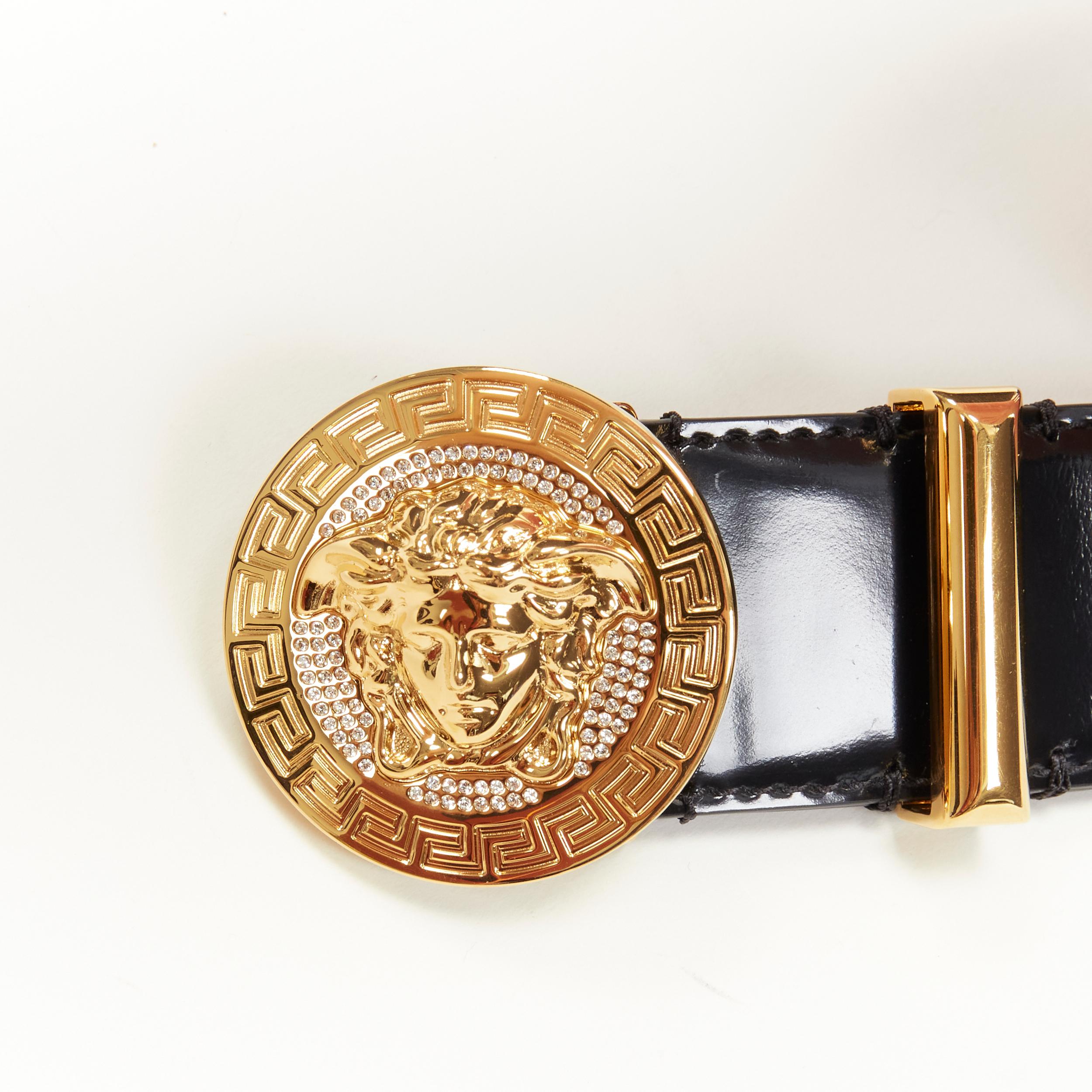 Black new VERSACE Medusa crystal gold Medallion coin black leather belt 80cm 30-34