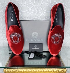 SOLD OUT!!! NEW VERSACE RED VELVET LOAFERS with PLATINUM MEDUSA EMBROIDERY 9.5