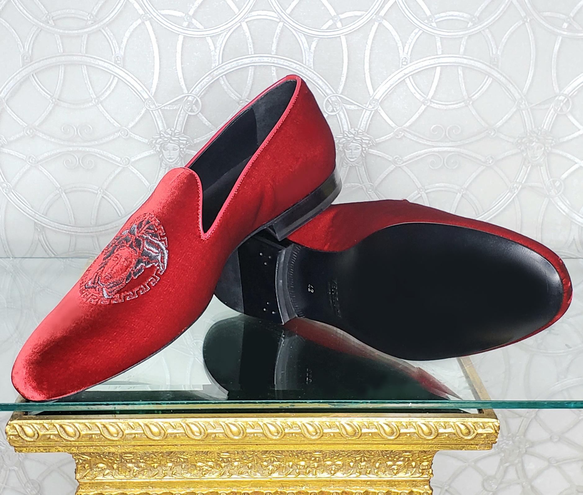 Red SOLD OUT!!! NEW VERSACE RED VELVET LOAFERS with PLATINUM MEDUSA EMBROIDERY 9.5 For Sale