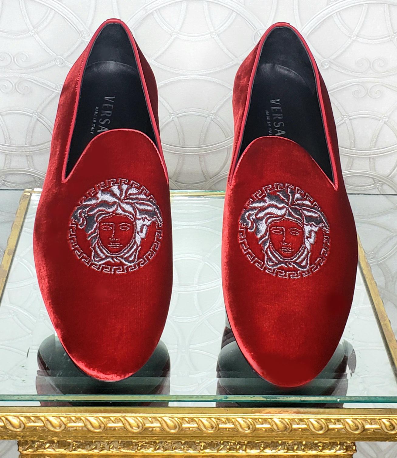 Men's SOLD OUT!!! NEW VERSACE RED VELVET LOAFERS with PLATINUM MEDUSA EMBROIDERY 9.5 For Sale