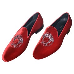 SOLD OUT!!! NEW VERSACE RED VELVET LOAFERS with PLATINUM MEDUSA EMBROIDERY 9.5