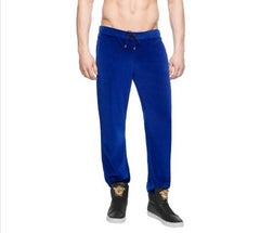 New Versace Medusa Logo Men's Blue Velvet Sweatpants Black Leather Trim size XL