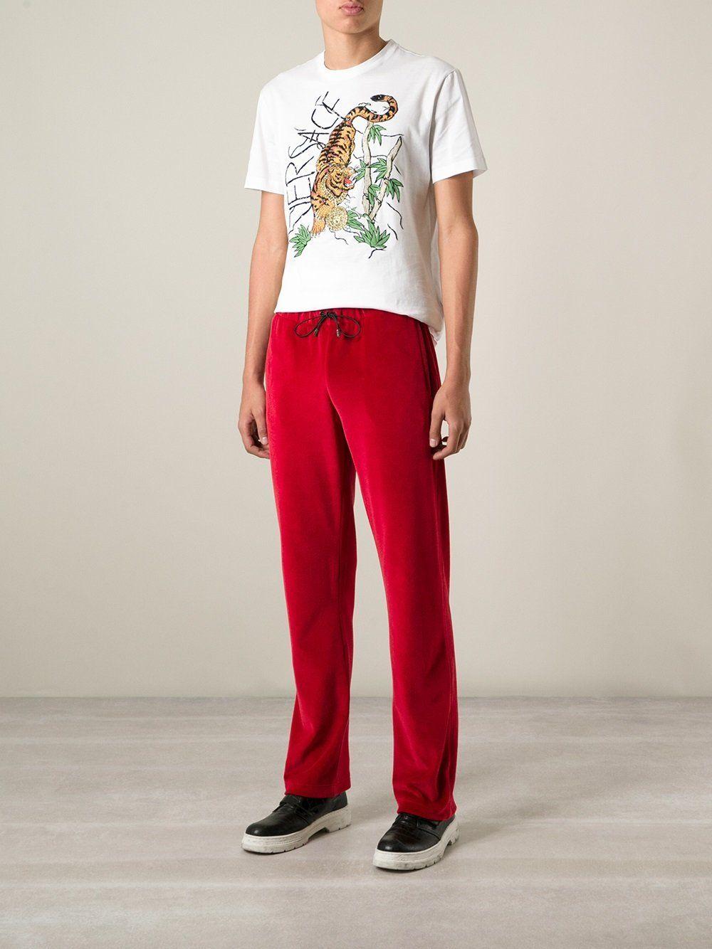 New Versace Medusa Men's Red Velvet Sweatpants Black Leather Trim size XL In New Condition In Montgomery, TX