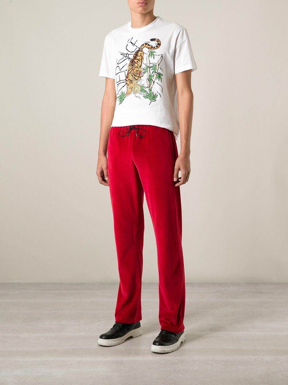 New Versace Medusa Men's Red Velvet Sweatpants Black Leather Trim size XL In New Condition In Montgomery, TX
