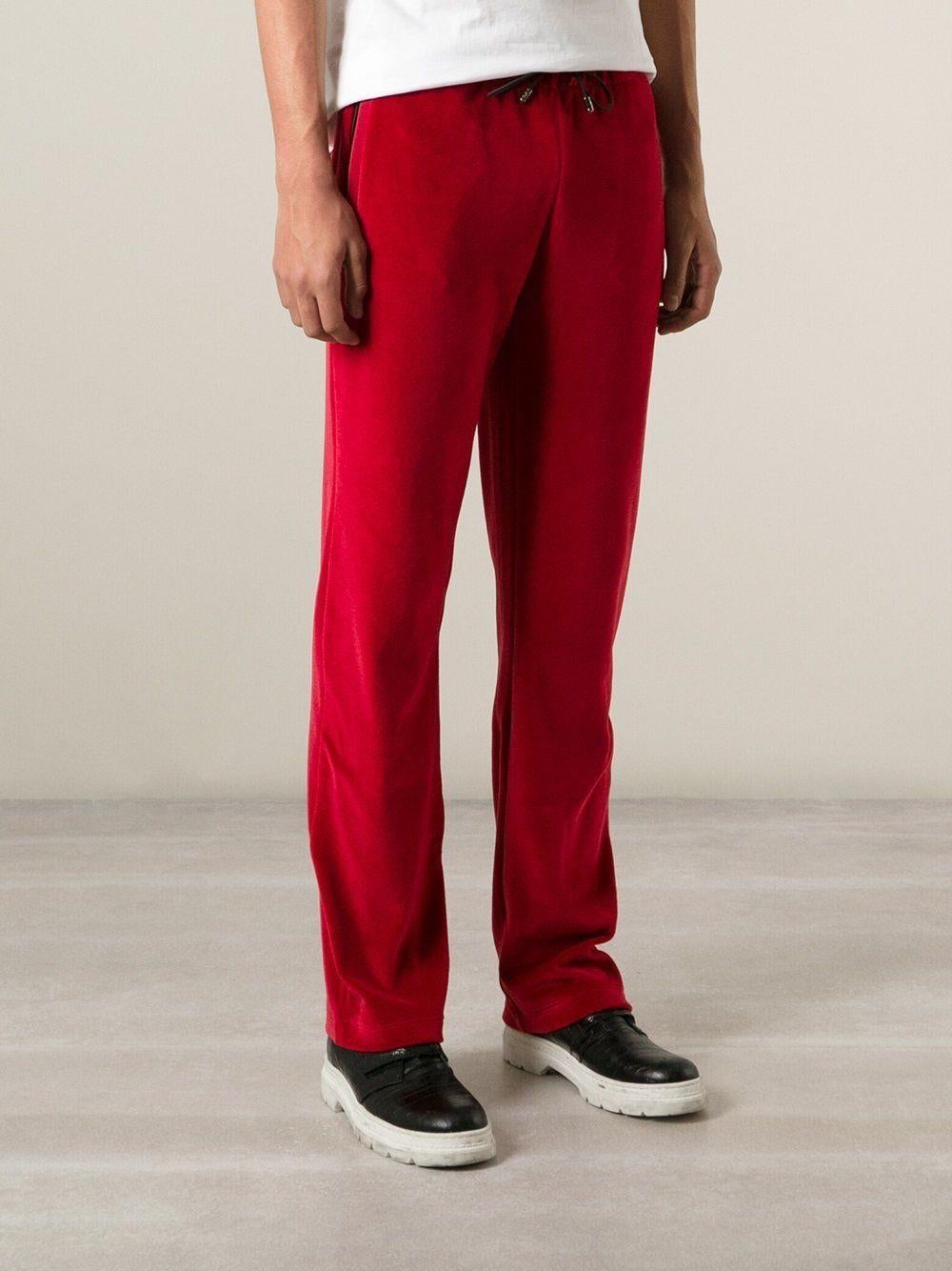 New Versace Medusa Men's Red Velvet Sweatpants Black Leather Trim size XL 1