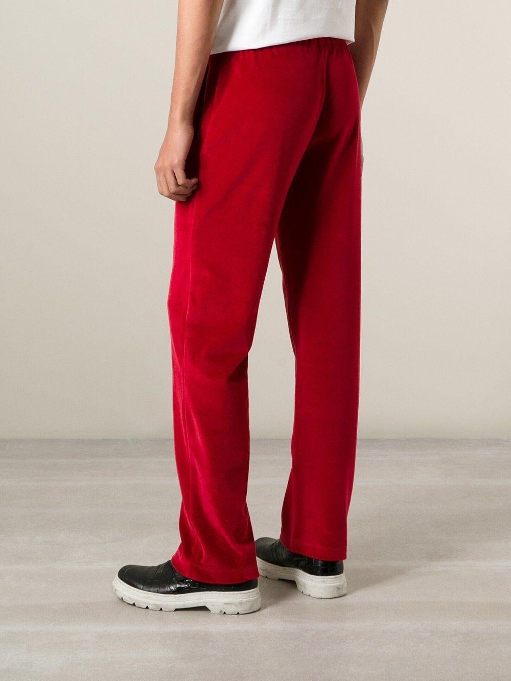 New Versace Medusa Men's Red Velvet Sweatpants Black Leather Trim size XL 2