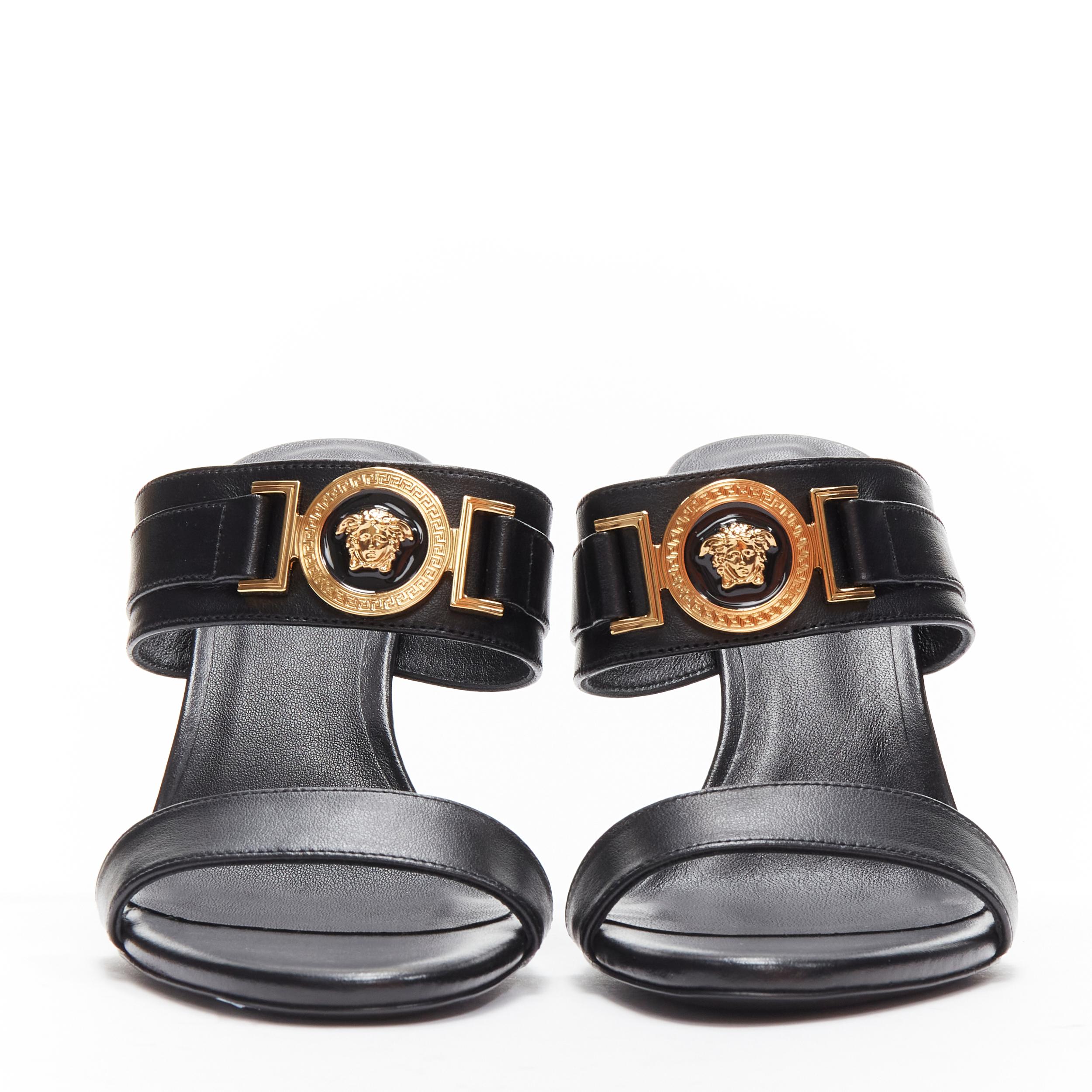 Black new VERSACE Medusa Tribute gold buckle black leather high heel sandal EU36