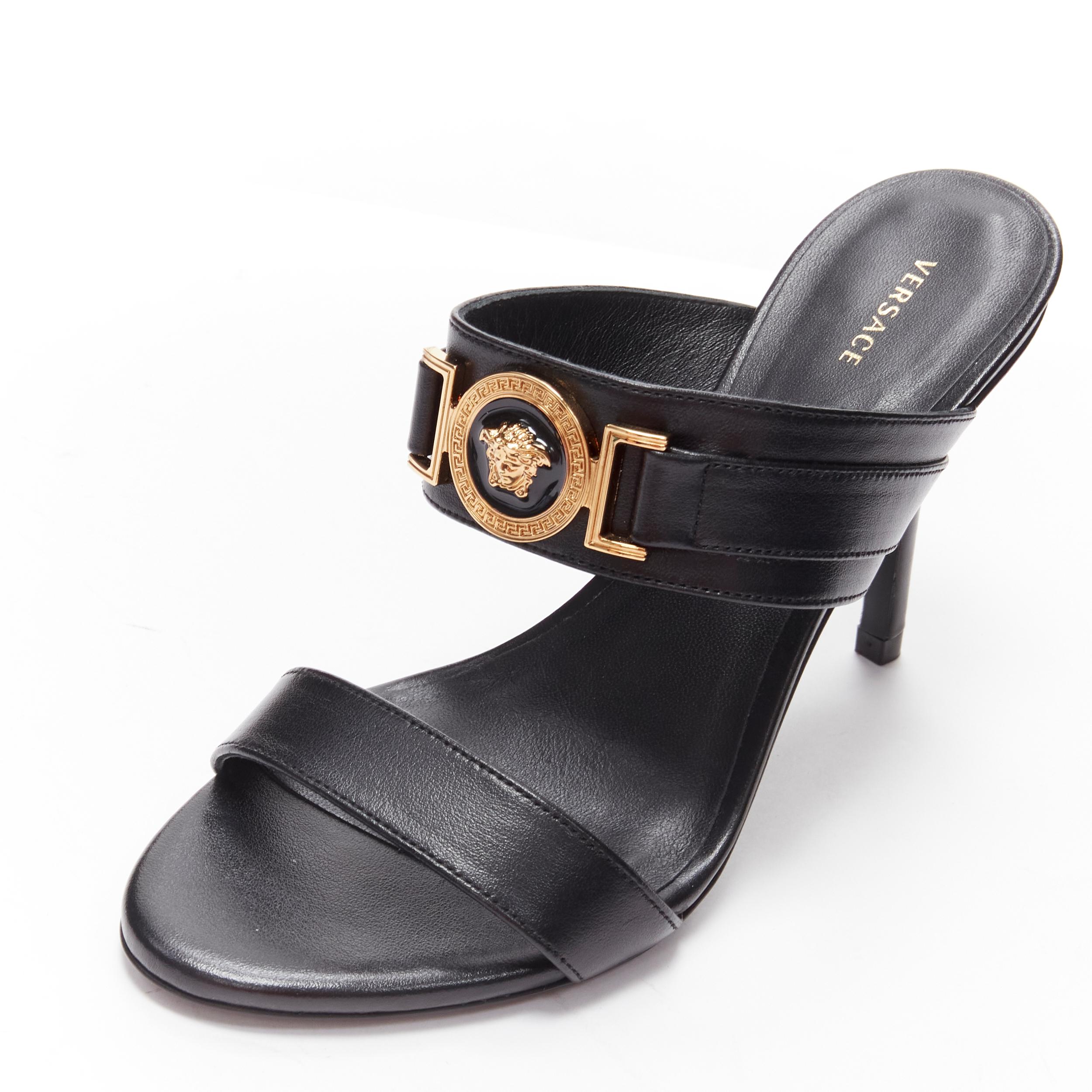 new VERSACE Medusa Tribute gold buckle black leather high heel sandal EU36 2