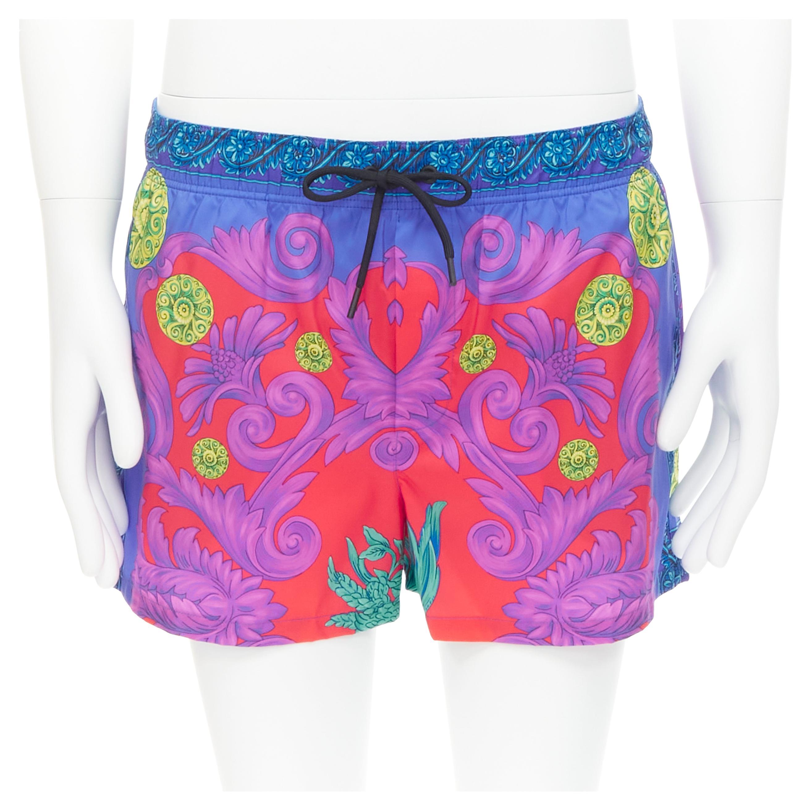 new VERSACE Medusa Trionfo Garden blue purple Barocco print swim shorts IT4  M For Sale at 1stDibs